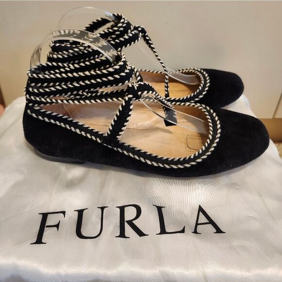 Furla "Bouganville" Blak Suede Laceup Ballet Flats Sz.7.5/38.5 Ret$295 w/Dustbag - Picture 2 of 16